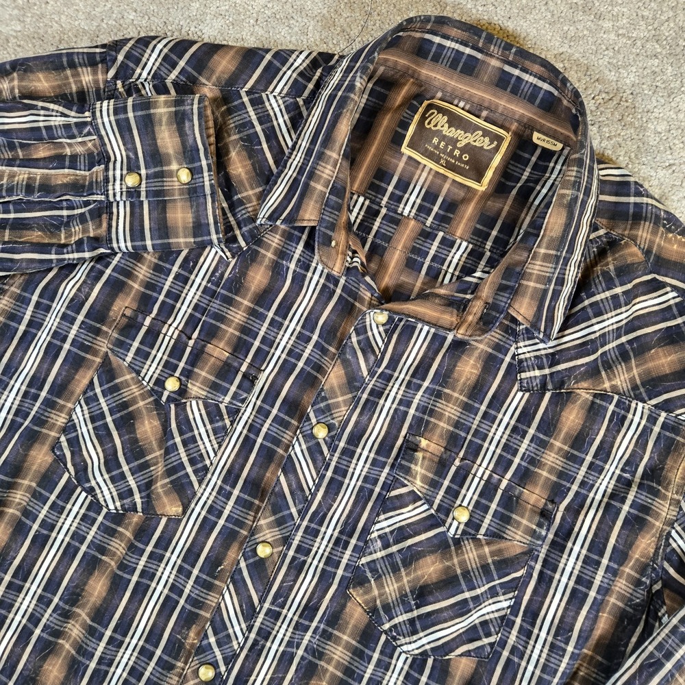 Wrangler Retro Pearl Snap Navy Plaid Western Long Sleeve Shirt Size XL